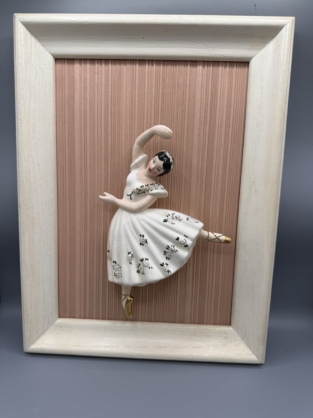 Vintage Ceramic Ballerina Wall Plaque 3D Dancer Pink Framed Mid Century Decor